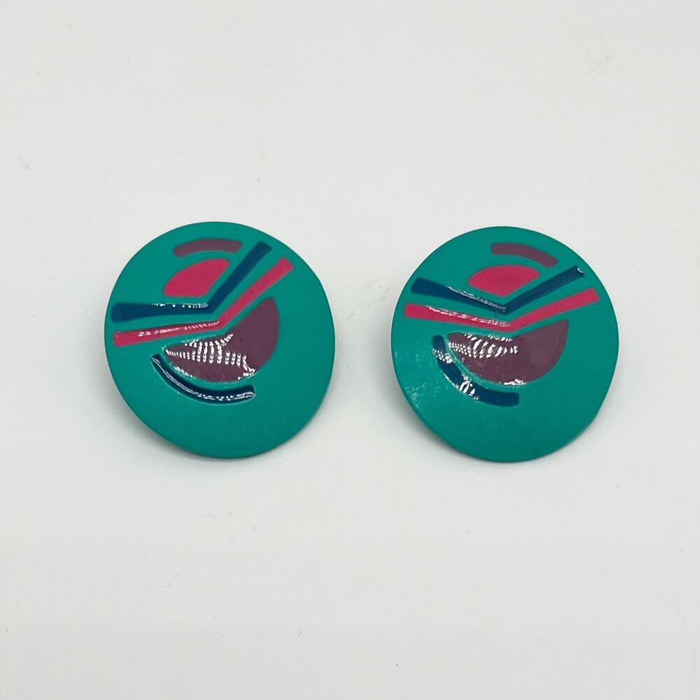 Vintage 80s 90s Colorful Round Acrylic Earrings Pierced Green Purple Pink Blue